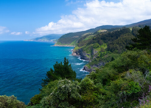 Aerial drone view of the coastal landscape around the ruins of the abandoned Lemoniz Nuclear Power Plant. Lemoniz, Biscay, Basque Country, Spain, Europe