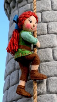Rapunzel Doll Climbing Down a Tower With Braided Rope