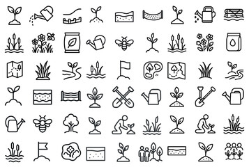Obraz premium Gardening and nature icons set – outline, linear, planting and growth symbols