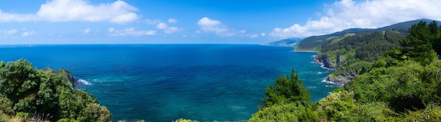 Fototapeta premium Aerial drone view of the coastal landscape around the ruins of the abandoned Lemoniz Nuclear Power Plant. Lemoniz, Biscay, Basque Country, Spain, Europe