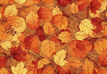 A vibrant and textured closeup of autumn leaves in various shades of orange, yellow, and red, showcasing the rich colors and intricate patterns of fall foliage on a brick background