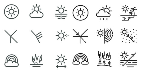 Fototapeta premium Weather and seasons icons set – line, outline, climate and atmospheric symbols
