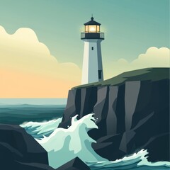 Lighthouse on a rocky cliff overlooking a turbulent ocean at dawn.