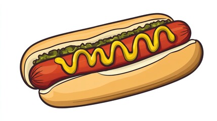 Delicious hot dog in a bun, topped with mustard and relish.
