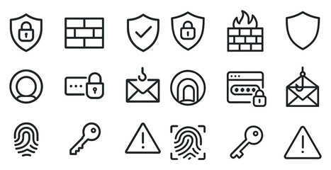 Fototapeta premium Cybersecurity outline icons set – secure, privacy protection symbols