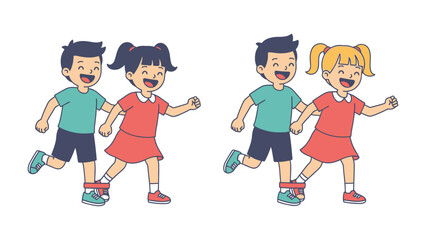 Friends playing the game of three legged race: Vibrant cartoon illustrating the pure joy and camaraderie of children engaging in a playful three-legged race.