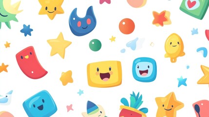 Cute cartoon character pattern with various shapes and colors.