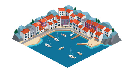 Picturesque isometric coastal village with docked boats and colorful houses