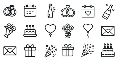 Wedding and celebration outline icons set – line, love, party elements