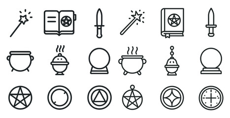 Fototapeta premium Magic and witchcraft outline icons set – line, silhouette, mystical symbols and tools
