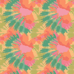 Abstract seamless pattern with colorful batik texture. Trendy boho background with tie dye effect, paint flow in bright warm colors. Modern repeated design for decor, textile, wallpaper, cloth, print