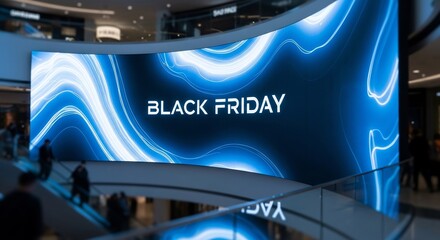 Giant curved LED display advertises Black Friday in a modern shopping mall. Ideal for advertising, retail, seasonal promotions, consumerism themes. Commercial spaces.