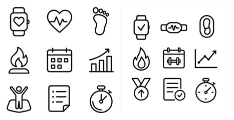 Fitness and health outline icons set – line, linear, exercise and wellness symbols