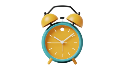 Isolated retro alarm clock, classic twin bell analog time instrument, morning wake up ringer