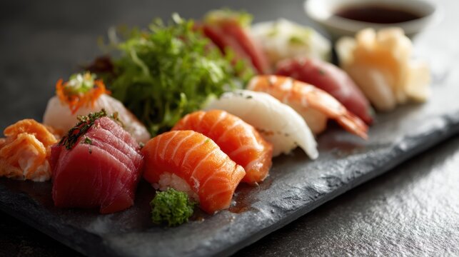 A vibrant, colorful array of beautifully crafted Japanese sushi and sashimi on a slate platter.