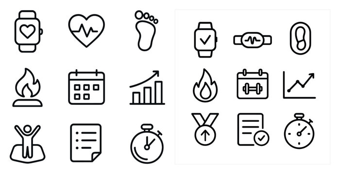 Fitness and health outline icons set – line, linear, exercise and wellness symbols