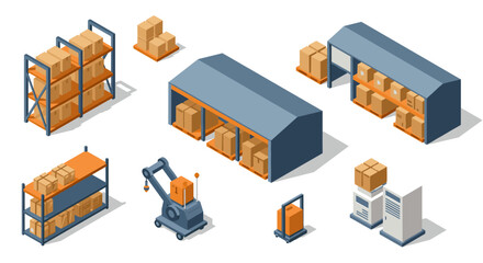 Modern isometric warehouse elements and robotics for efficient storage and logistics