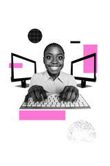 Vertical photo collage of happy american girl type keypad pc monitor device freelancer occupation it master isolated on painted background