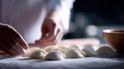 The hands of a chef making delicate dumplings or dim sum.
