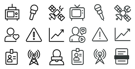 Media and communication icons set – line, outline, broadcast and network symbols