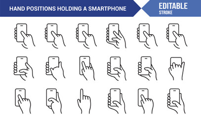 Collection of smartphone user gestures showing tap, scroll, swipe, and hold actions