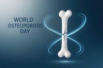 World Osteoporosis Day awareness poster with a cracked bone and glowing blue light effect on a dark gradient background. Medical concept promoting bone health and prevention on October 20
