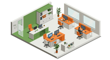 Obraz premium Modern isometric office workspace with desks, plants, and computers in open concept design