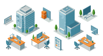 Obraz premium Isometric office buildings and workspace elements in modern urban design