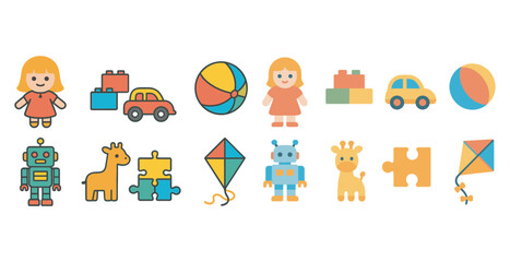 Fototapeta premium Kids toys flat icons set – playful, colorful, children's activities visuals.