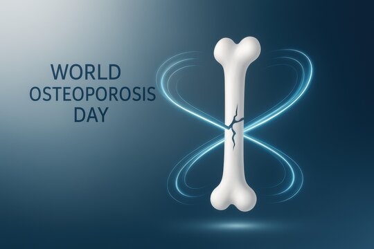World Osteoporosis Day awareness poster with a cracked bone and glowing blue light effect on a dark gradient background. Medical concept promoting bone health and prevention on October 20 - Powered by Adobe