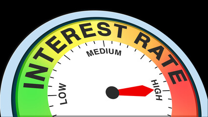 Interest rate high, text, word level concept illustration with barometer or tachometer meter on black background. Ideal for strong interest, high lending rate, and active financial growth visuals
