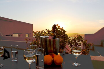 Celebtration on sunset light, toasting with wine under golden light sky