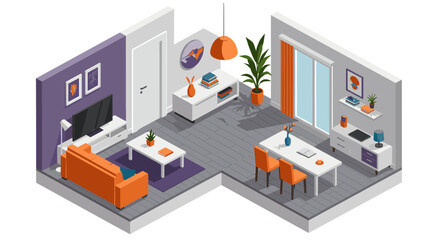 Fototapeta premium Modern isometric living room and office space with vibrant orange accents