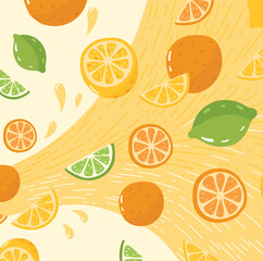 Flying lemon and orange in fresh citrus juicy. Flowing lemonade on background