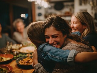A grateful family shares a warm homemade meal together around a cozy kitchen table expressing love and joy