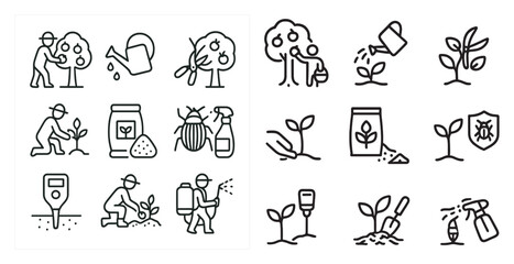 Fototapeta premium Gardening and plant care line icons set – outline, linear, horticulture symbols