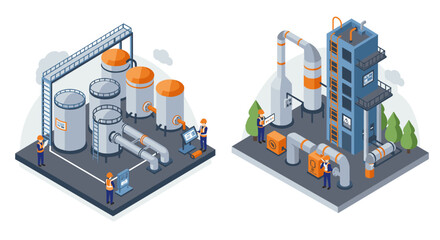 Obraz premium Modern industrial facility with workers in isometric perspective