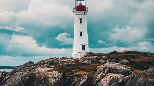 A white lighthouse with a red top stands on a rocky shore under a cloudy sky