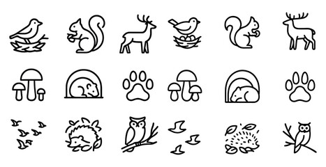 Fototapeta premium Forest and wildlife icons set – outline, line art, nature and animal symbols