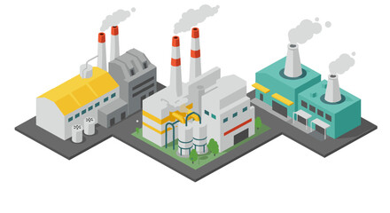 Isometric factory complex with industrial buildings and smokestacks