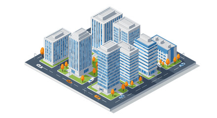 Modern cityscape with isometric buildings and autumn trees