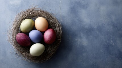 A beautiful flat lay of colorful, artistically painted Easter eggs in a nest.