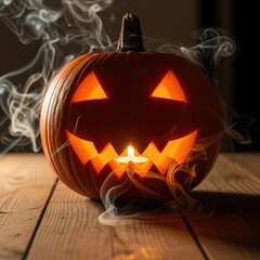 Jack-o'-Lantern with Glowing Face and Fog Effects on Halloween Night