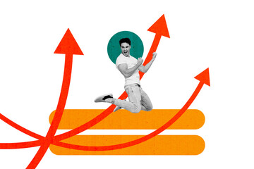 Creative collage young man leader jump arrow direction victory winner persistence motivation inspiration drawing background