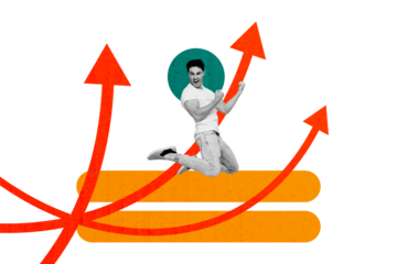 Creative collage young man leader jump arrow direction victory winner persistence motivation inspiration drawing background