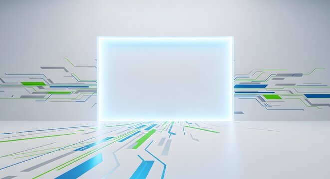 A bright glowing rectangular screen in a minimalist room with abstract digital circuit patterns
