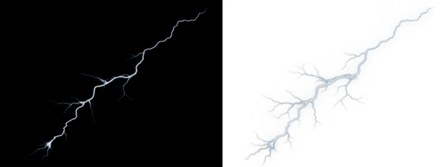 Lightning bolt illustration on contrasting backgrounds, showcasing dynamic energy and natural power, ideal for creative projects and visual storytelling with copy space