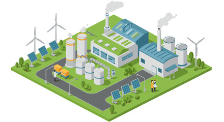 Sustainable energy facility with wind turbines and solar panels in isometric design