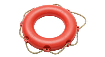 Red life buoy with white rope on transparent background safety equipment.