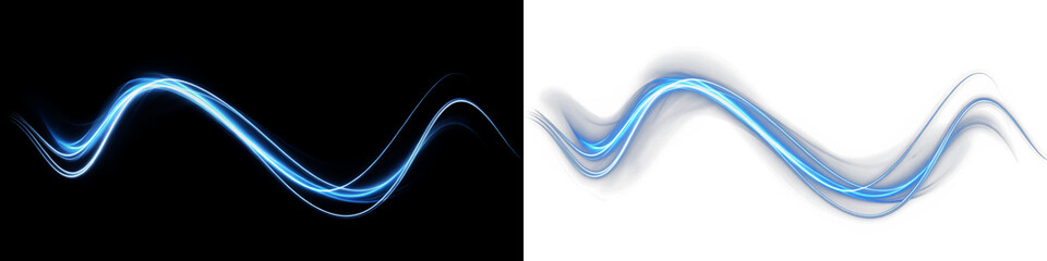 Blue light wave overlay on contrasting black and white backgrounds, creating dynamic visual effects for design projects and enhancing creative compositions with copy space